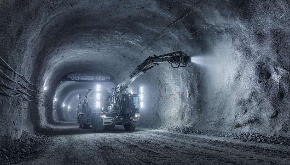 Codelco и Normet разработают технологии для автономной добычи в Чили Автономная торкрет-установка работает в туннеле современного подземного медного рудника.