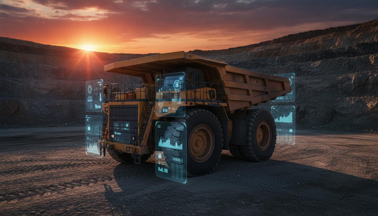 Wabtec и Razor Labs предложат ИИ для предиктивного ремонта техники Крупный карьерный самосвал в открытом разрезе на закате, с инфографикой состояния узлов на двигателе и колёсах.