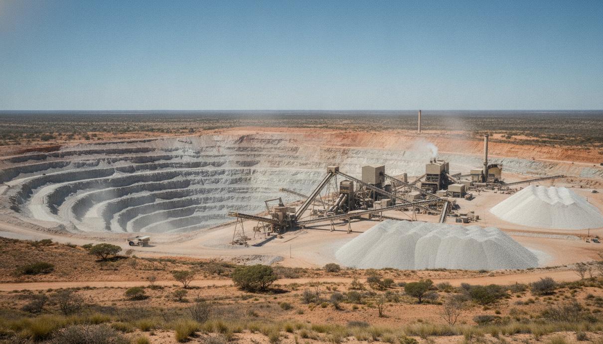 JOEST Australia оснастит литиевый рудник Pilgangoora для удвоения мощности Крупный карьер по добыче лития в Западной Австралии. Промышленный комплекс с конвейерами и дробильным оборудованием на руднике Пилгангура.