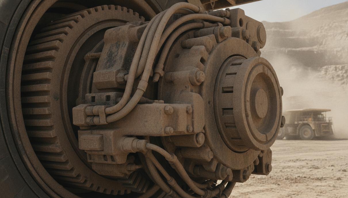 Trelleborg представила уплотнитель для систем подкачки шин спецтехники Крупный план колеса и ступицы карьерного самосвала, детали оси и системы централизованной подкачки шин в карьере.