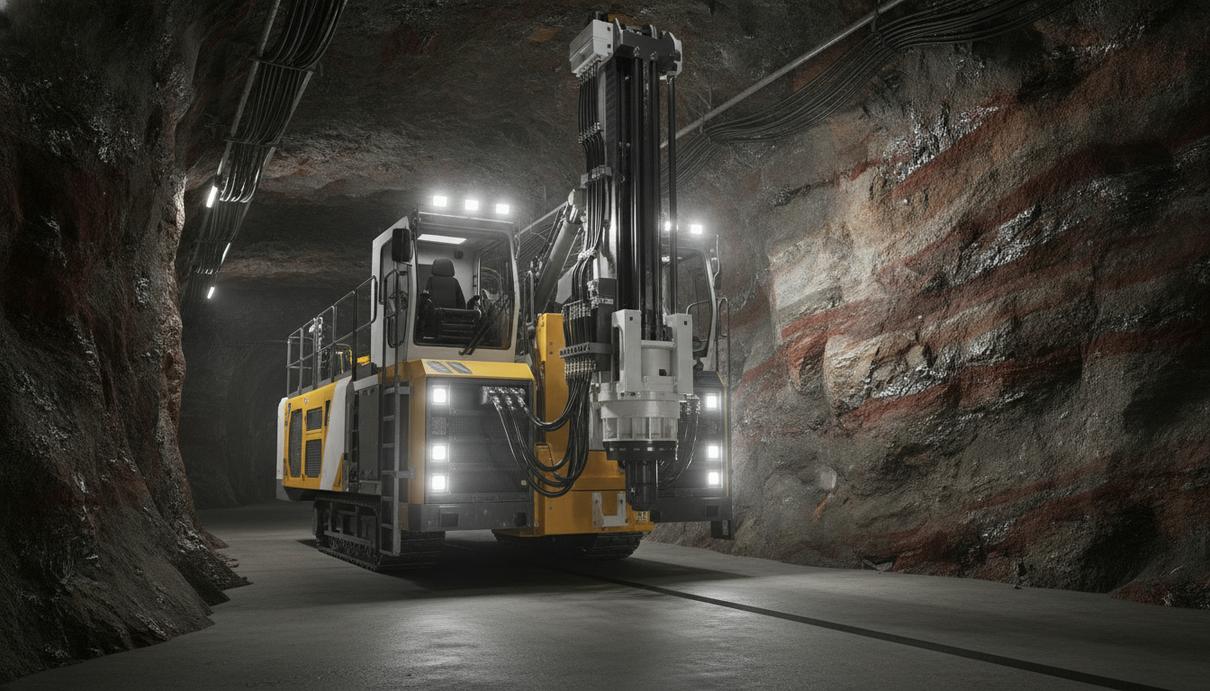 Современная буровая установка Sandvik в подземном тоннеле рудника. Мощные фары освещают скальную породу.